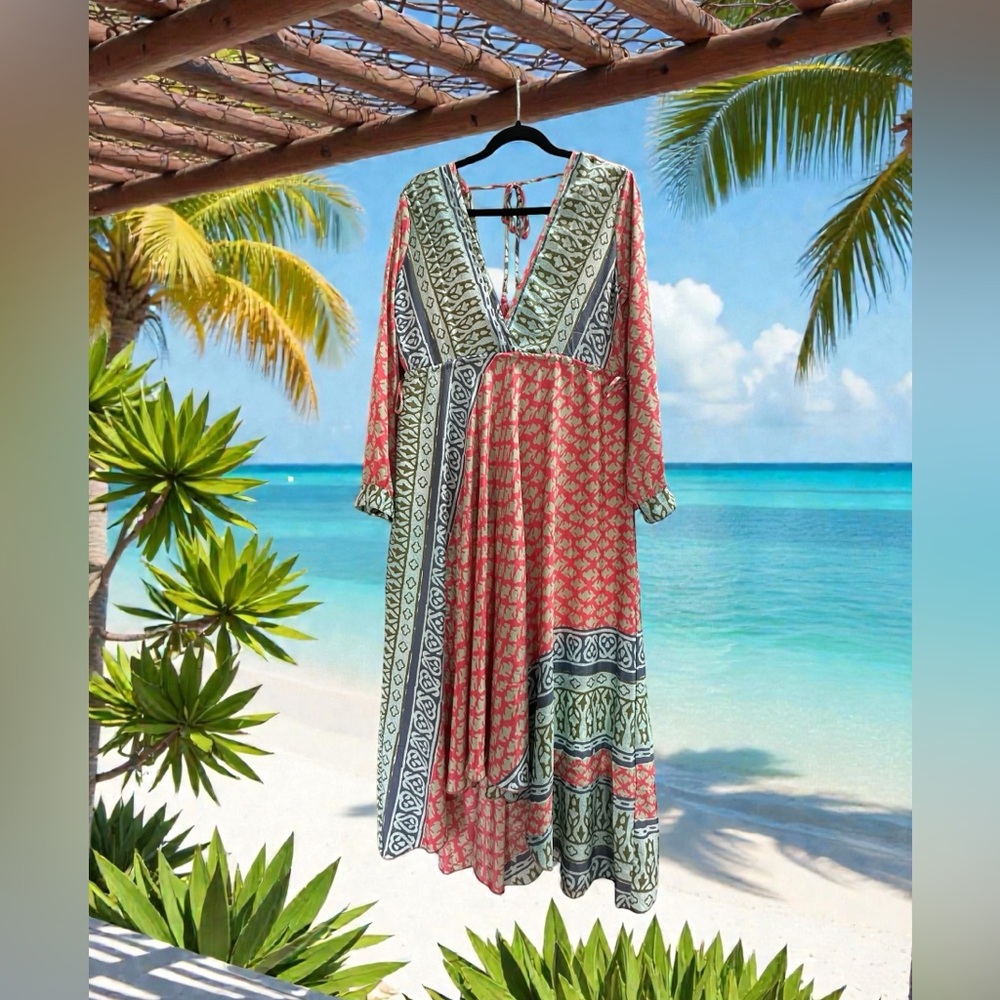 Karma Highway CoverUp Dress. Hi/Low Cut. Vibrant Print. One Size NWT